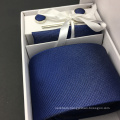Solid Navy Silk Jacquard Grosgrain Neck Tie Cufflink Hanky Set with Gift Box